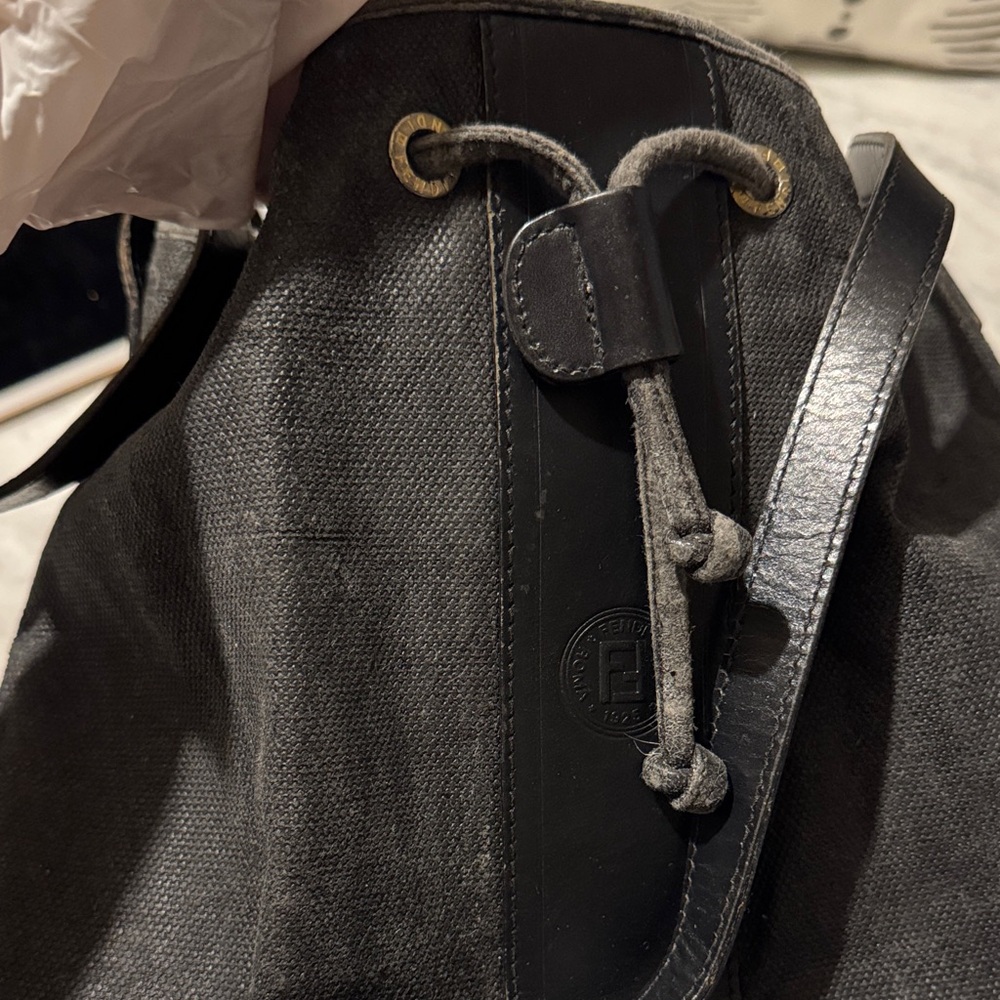 Fendi Black Canvas and Leather Drawstring Shoulder Bag - Picture 10 of 14
